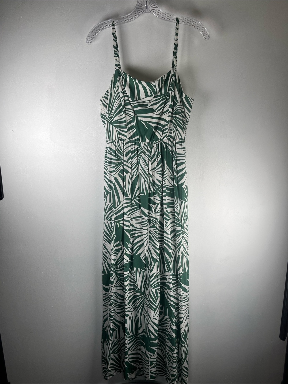 June & Hudson Green Leaf-Print Maxi Sun Dress W/ Spaghetti Straps & Pockets Sz L